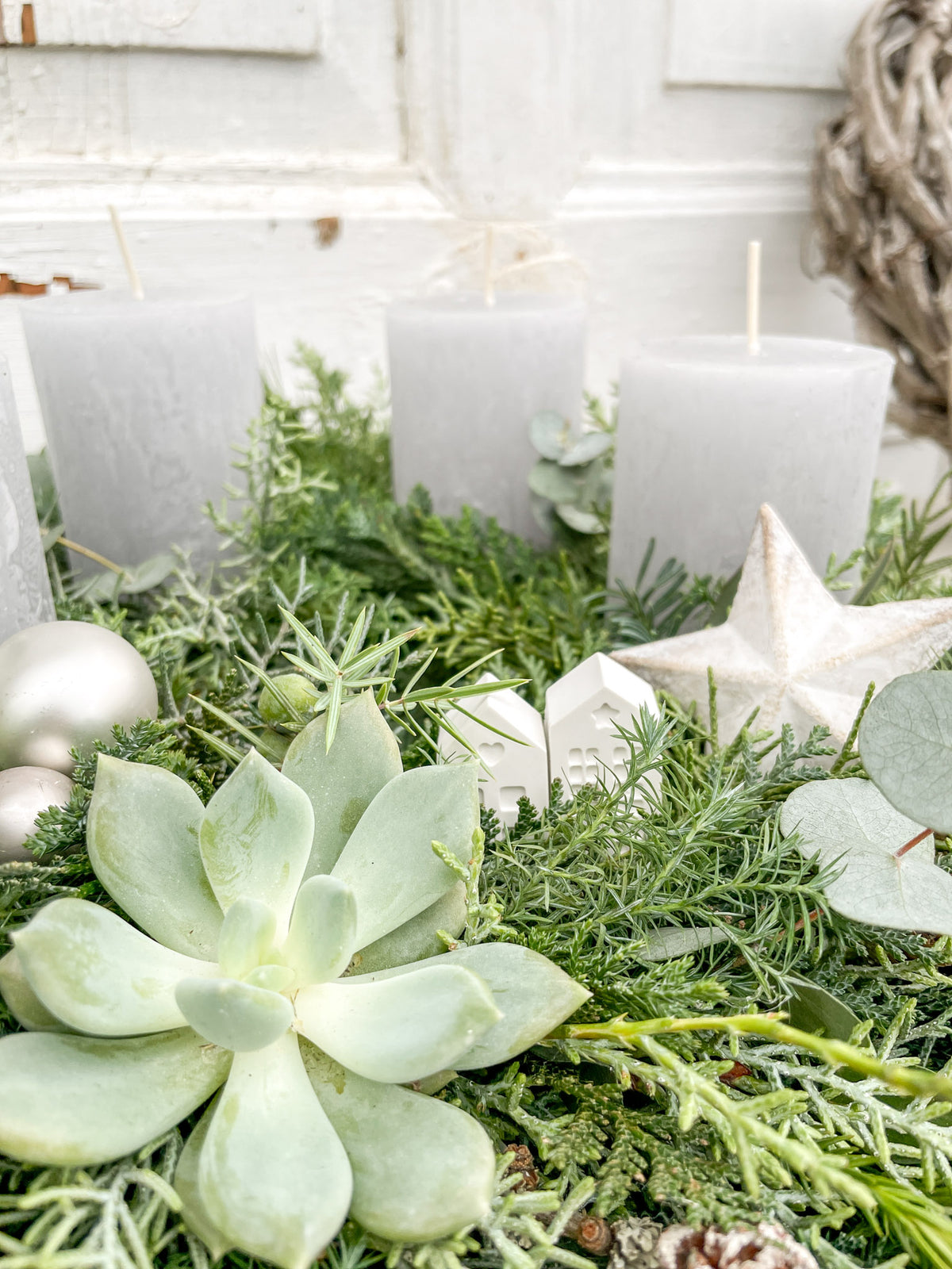 Detailansicht: Sukkulente und Eukalyptus im Nadelgrün des Adventskranzes