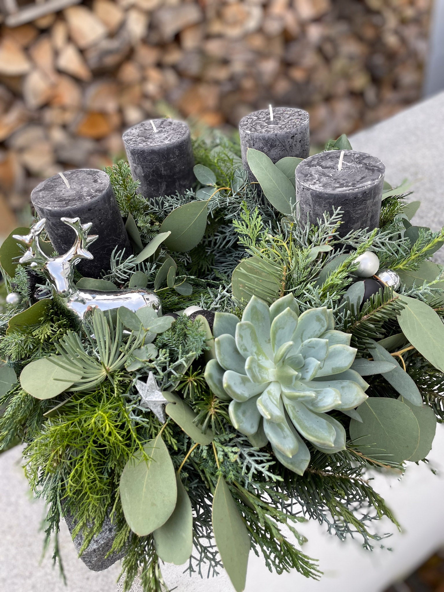 Adventskranz »Schwarzglanz« – Schlicht, natürlich, edel & Sukkulente | versch. Größen