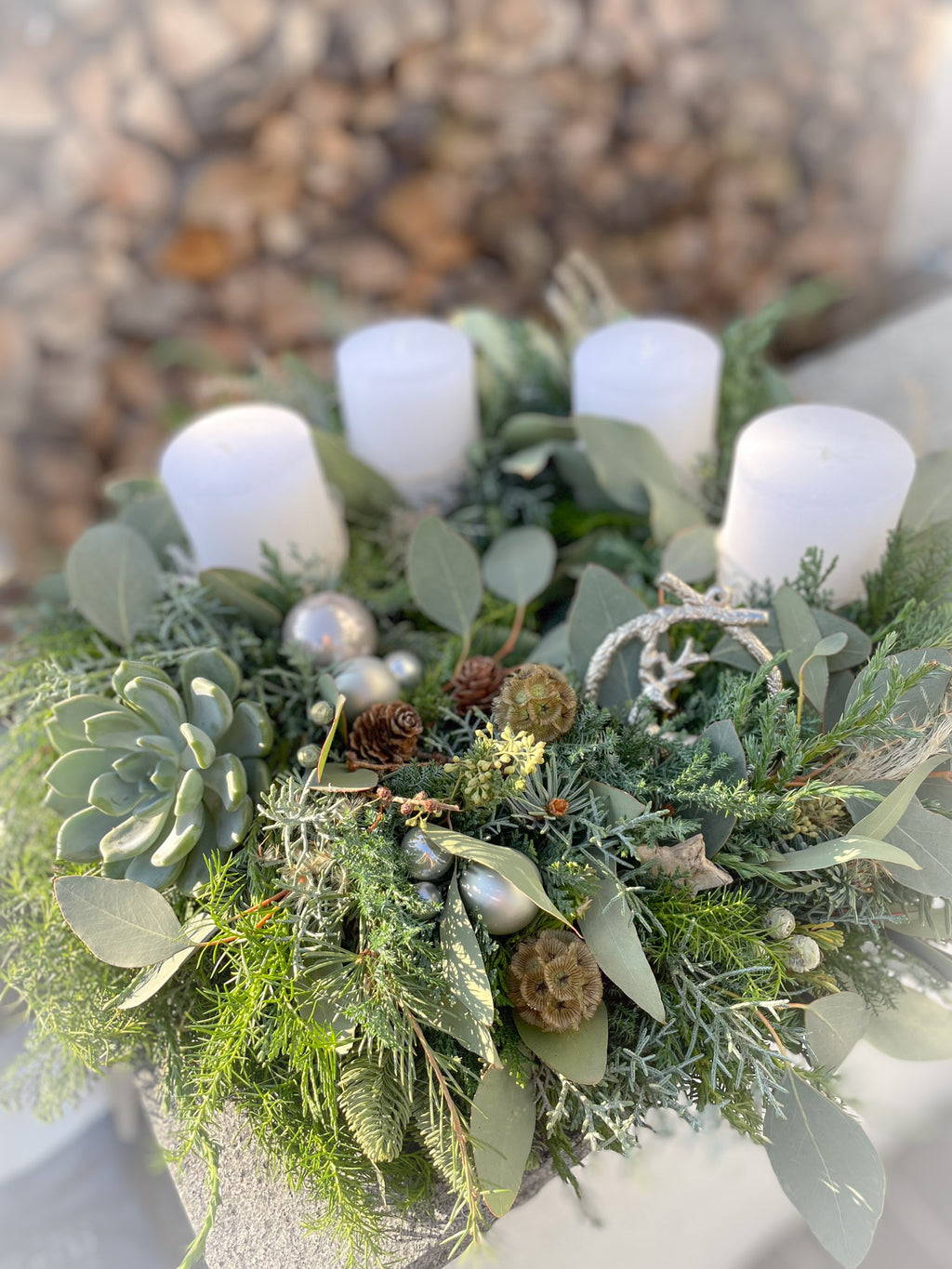 Adventskranz »Winterlicht« – Schlichte Eleganz in Weiß & Silber & Sukkulente | versch. Größen