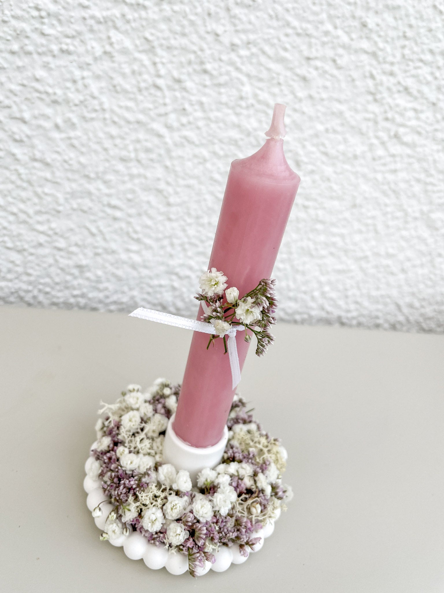 Deko-Trio MINI »Rosé Perlen« – Kerzenschale, Stabkerze & Mini-Loop