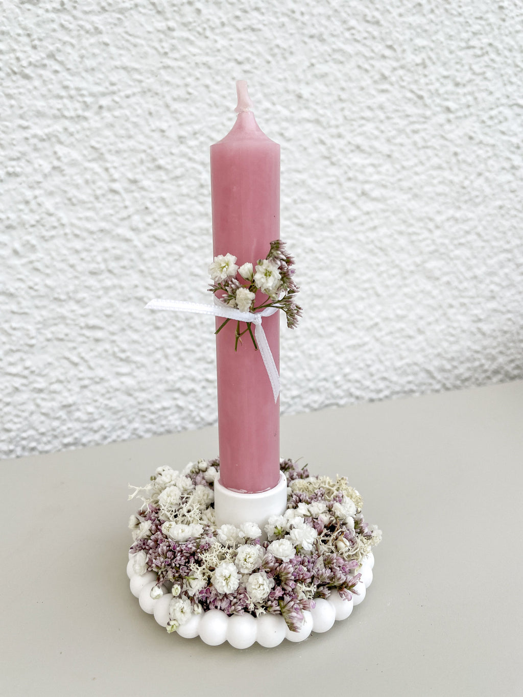 Deko-Trio MINI »Rosé Perlen« – Kerzenschale, Stabkerze & Mini-Loop