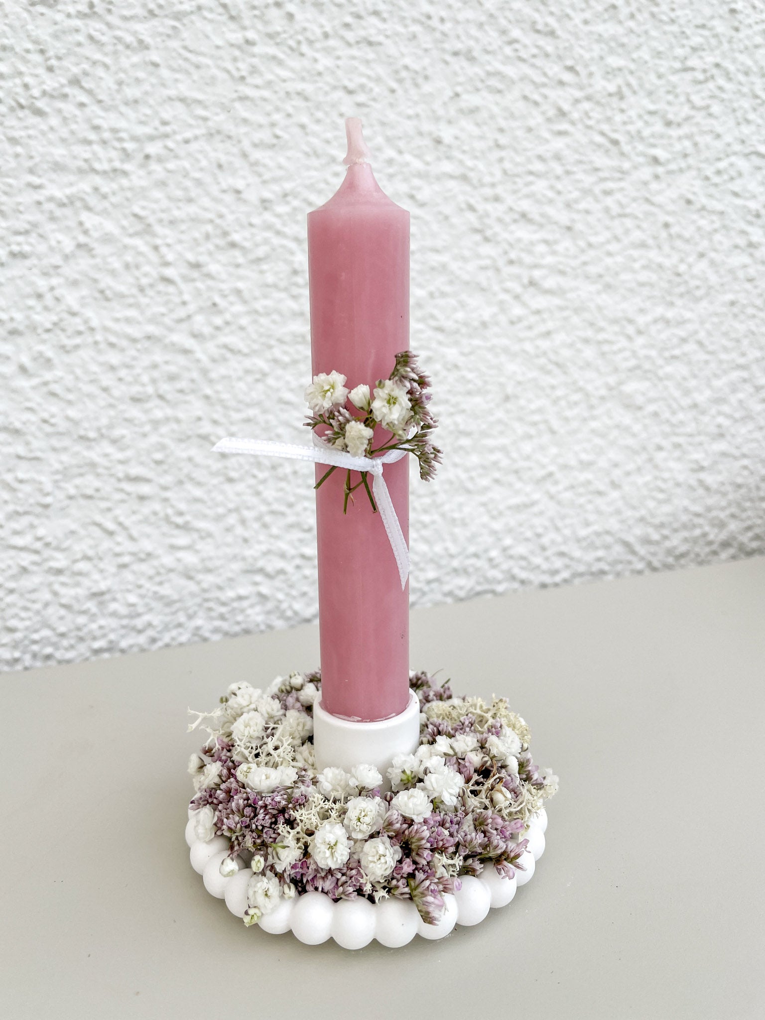 Deko-Trio MINI »Rosé Perlen« – Kerzenschale, Stabkerze & Mini-Loop