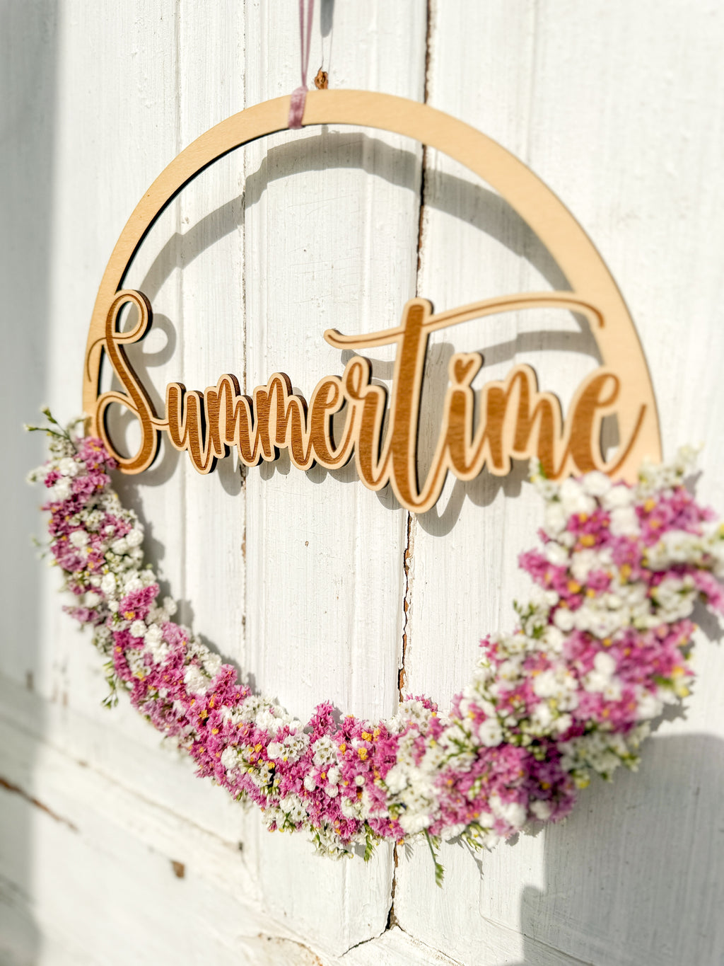 Holzloop Schriftzug Summertime an Holztüre - rosa, weiß