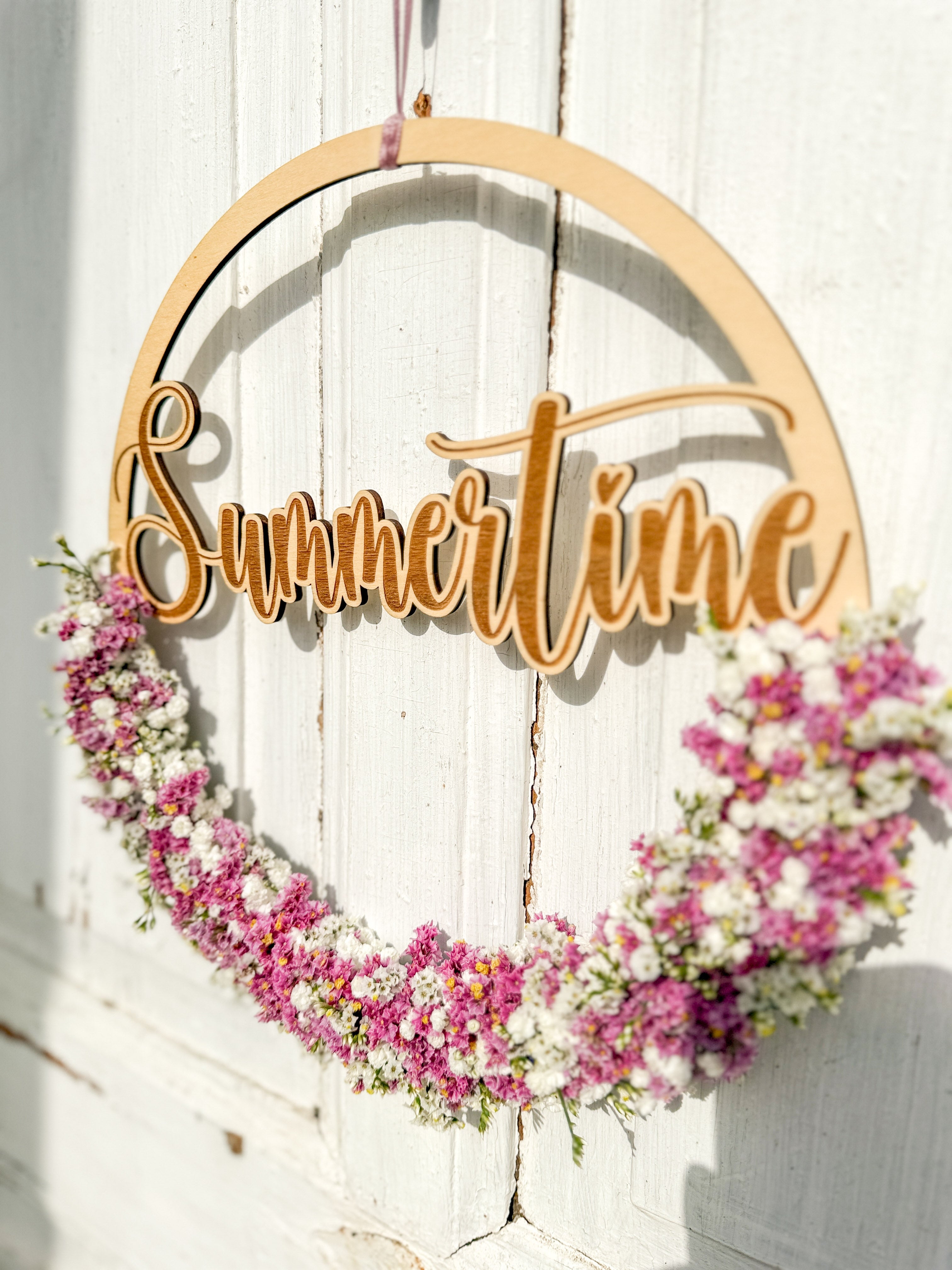 Holzloop Schriftzug Summertime an Holztüre - rosa, weiß
