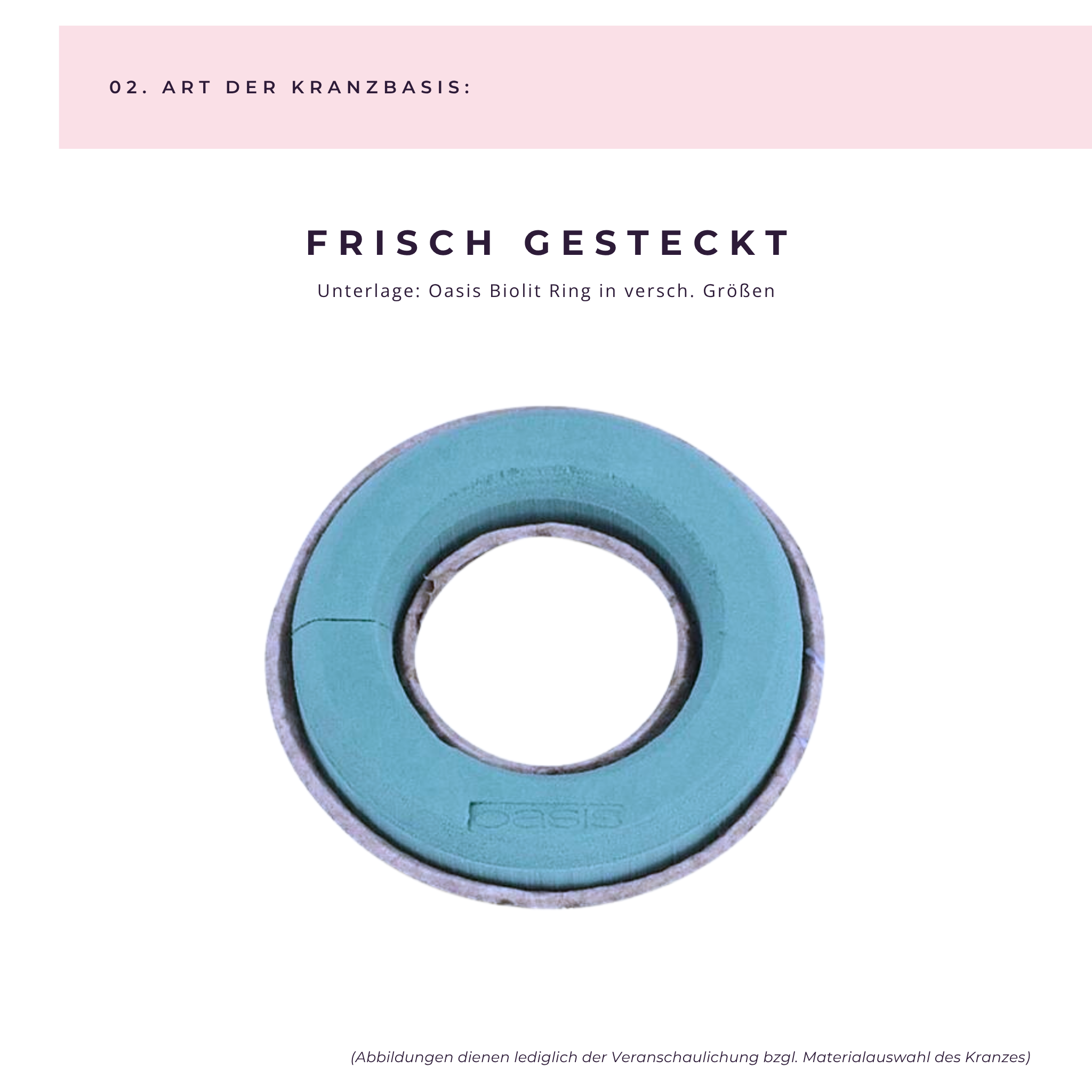 Veranschaulichung Kranzunterlage "frisch gesteckt auf "Oasis Biolit Kranzring"