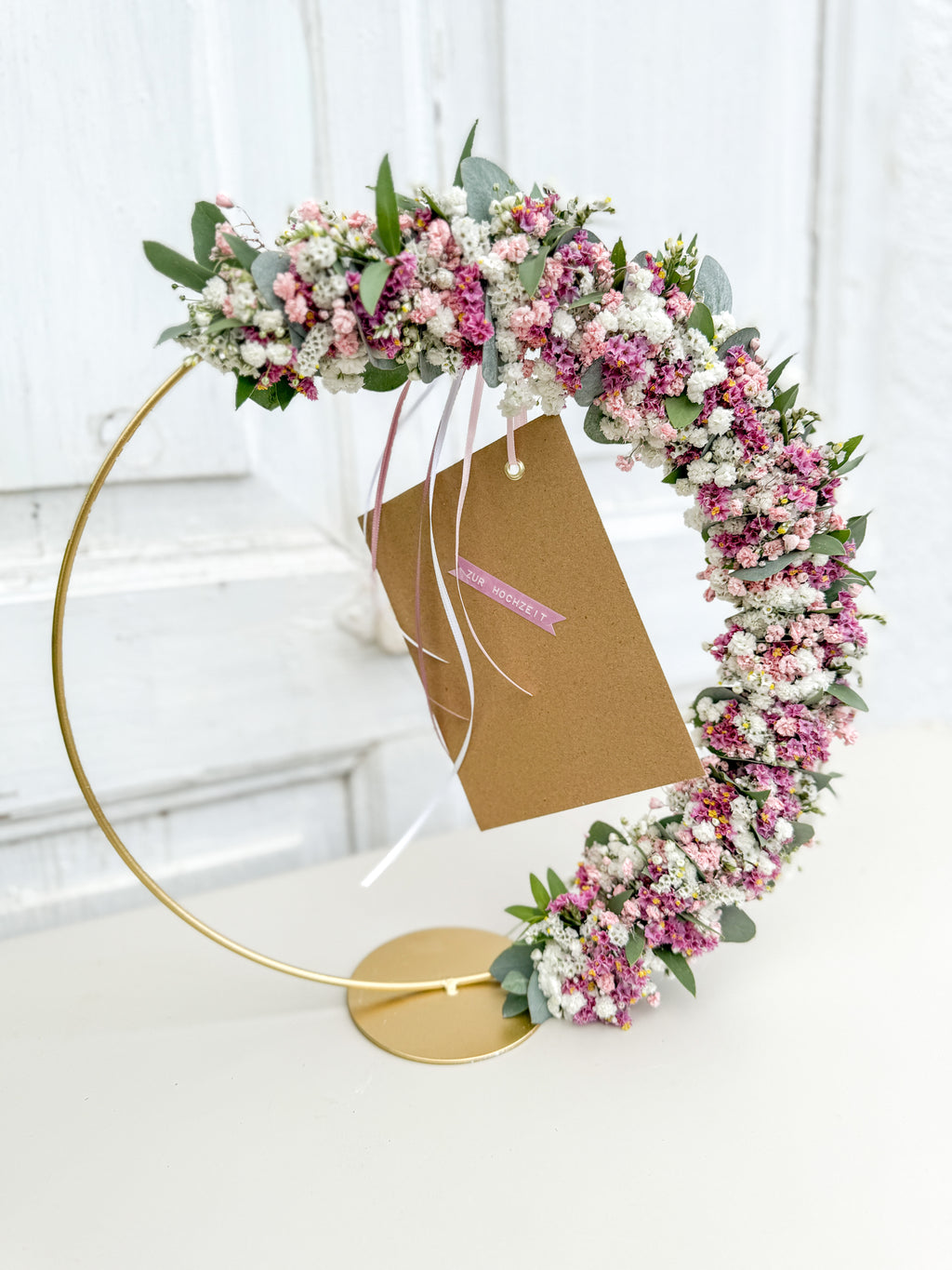 1/2 Blumen Loop auf Metallständer - handgemachtes individuelles Hochzeitsgeschenk oder andere Geldgeschenke - gold, rosa