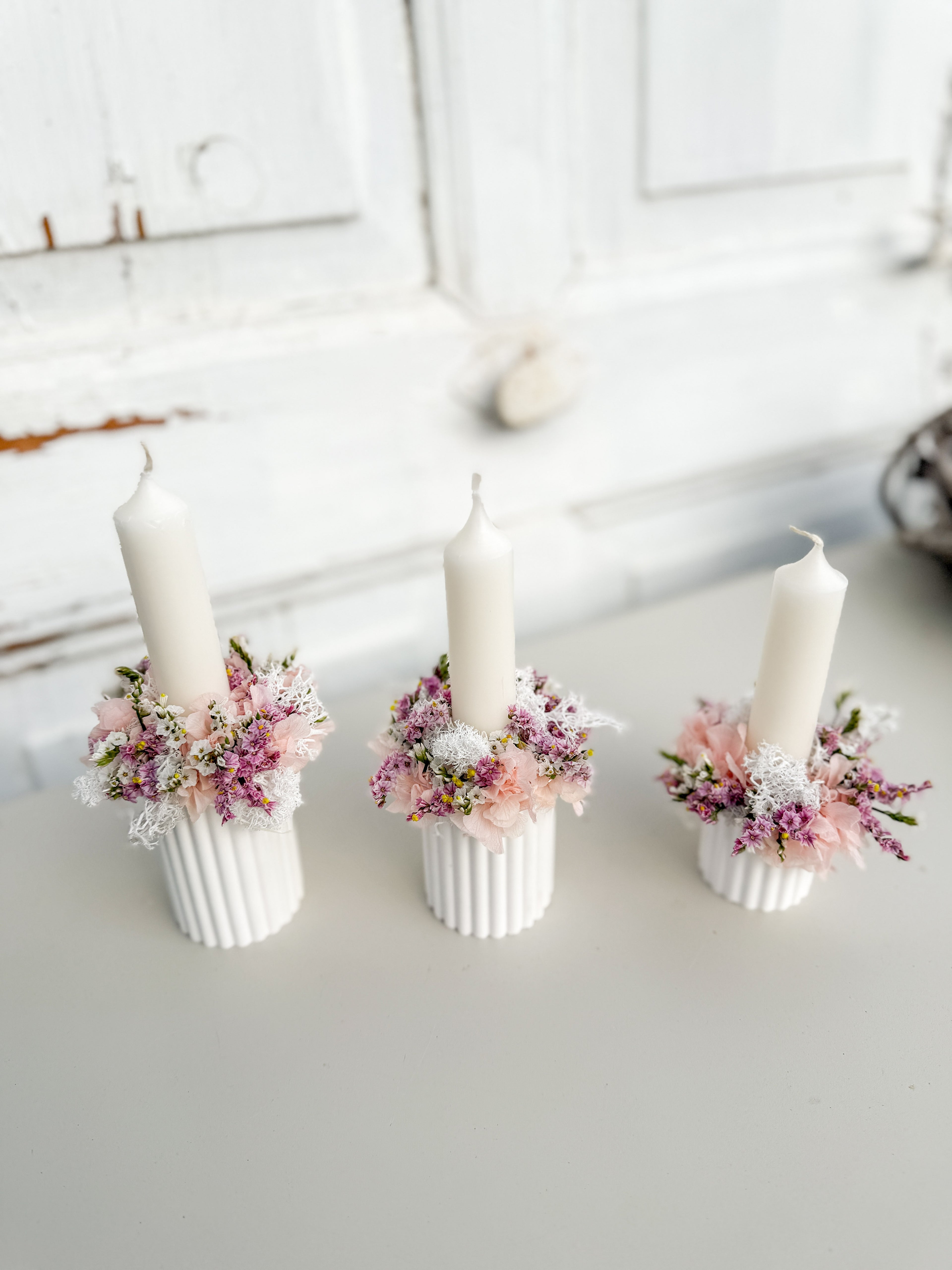 Mini-Flor & Candle Set: Mini-Loop aus stabilisierten Hortensien & Islandmoos in Rosa/Altrosa auf Raysin-Kerzenschale, handgefertigt, wählbare Größen S, M, L
