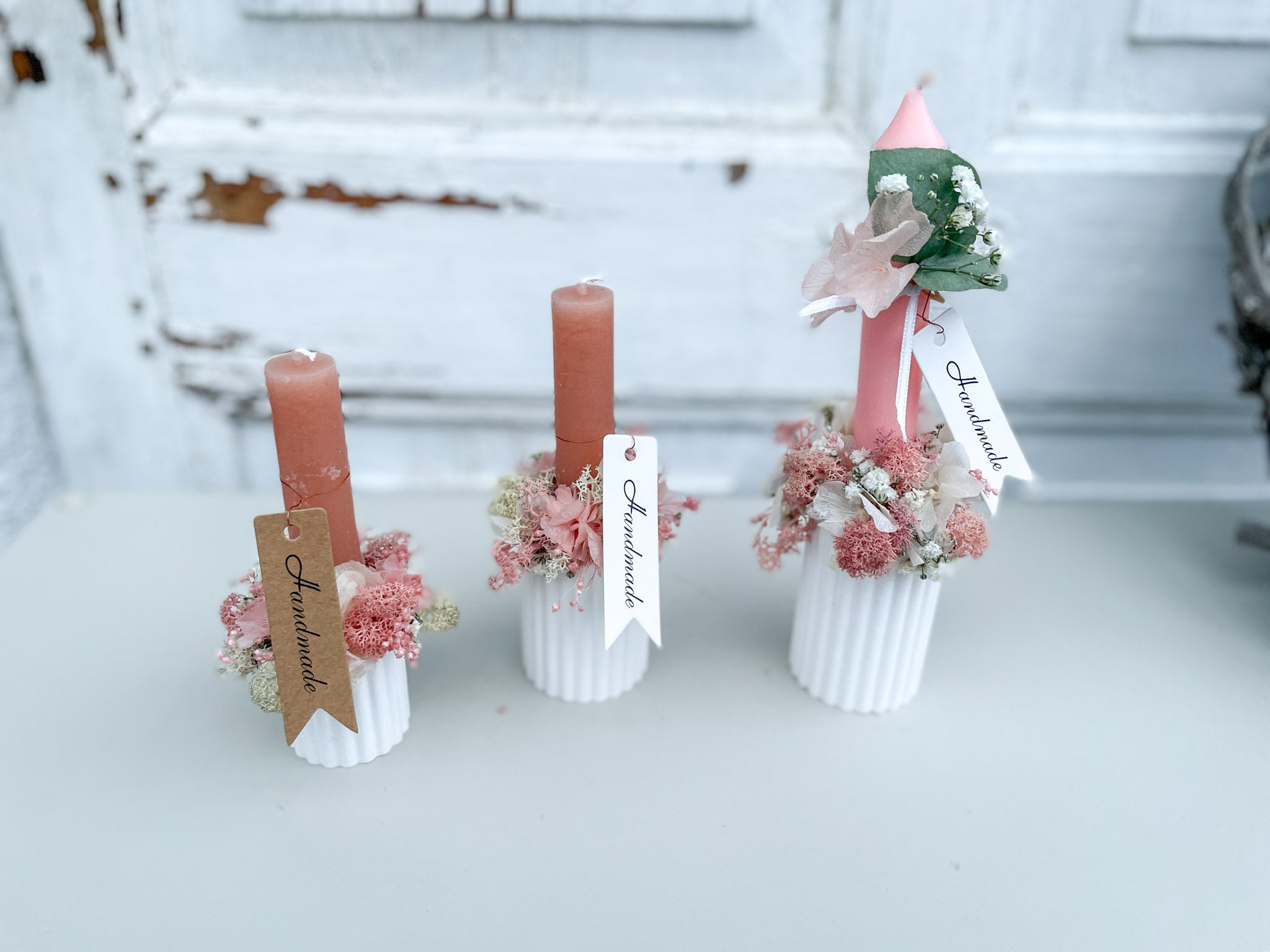 Mini-Flor & Candle Set: Mini-Loop aus stabilisierten Hortensien & Islandmoos in Rosa/Altrosa auf Raysin-Kerzenschale, handgefertigt, wählbare Größen S, M, L