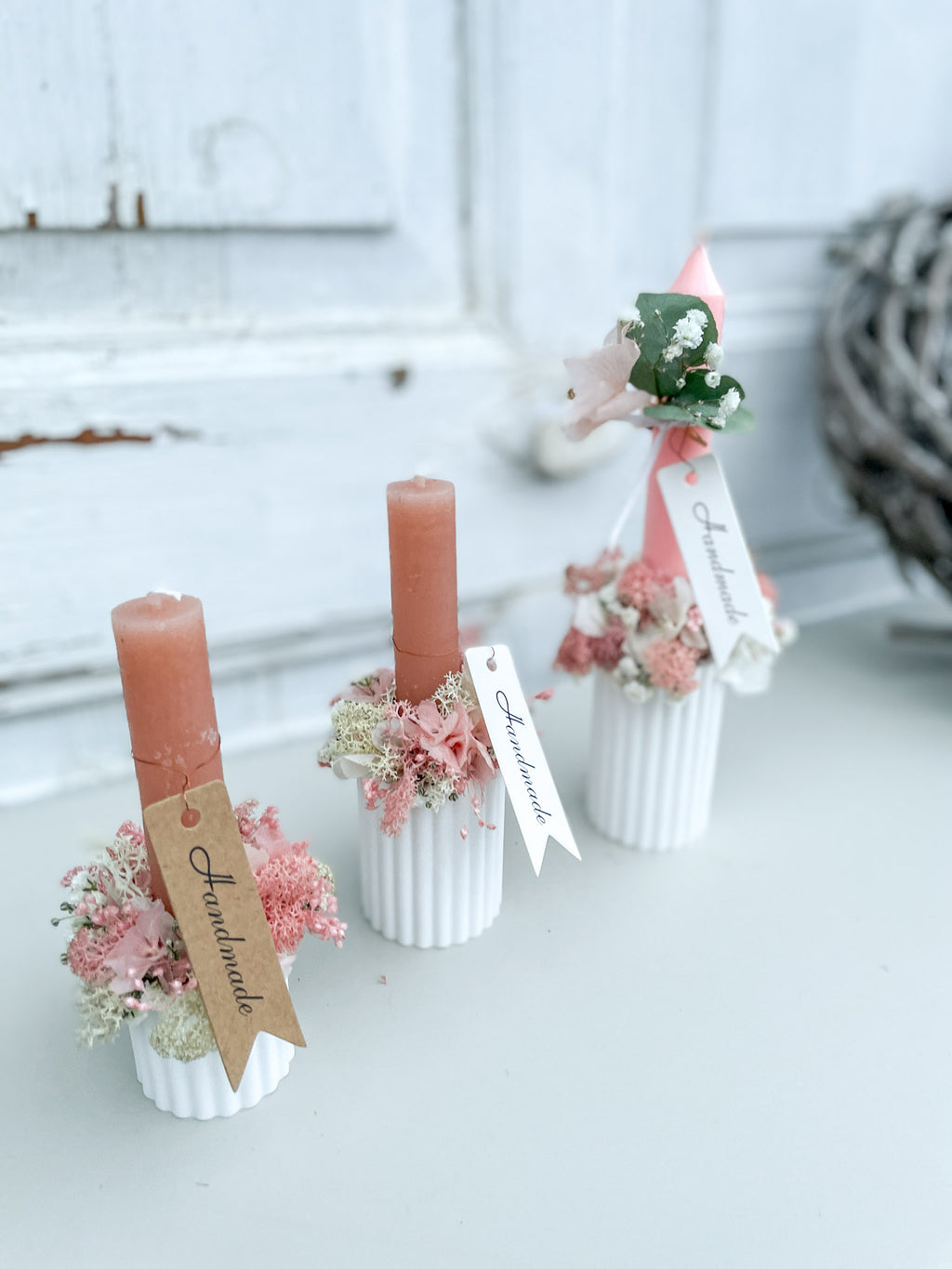 Mini-Flor & Candle Set: Mini-Loop aus stabilisierten Hortensien & Islandmoos in Rosa/Altrosa auf Raysin-Kerzenschale, handgefertigt, wählbare Größen S, M, L
