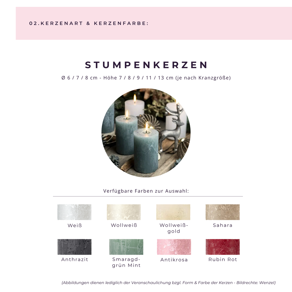 Übersicht der wählbaren Stumpenkerzen für den Adventskranz – verschiedene Farben zur individuellen Gestaltung.
