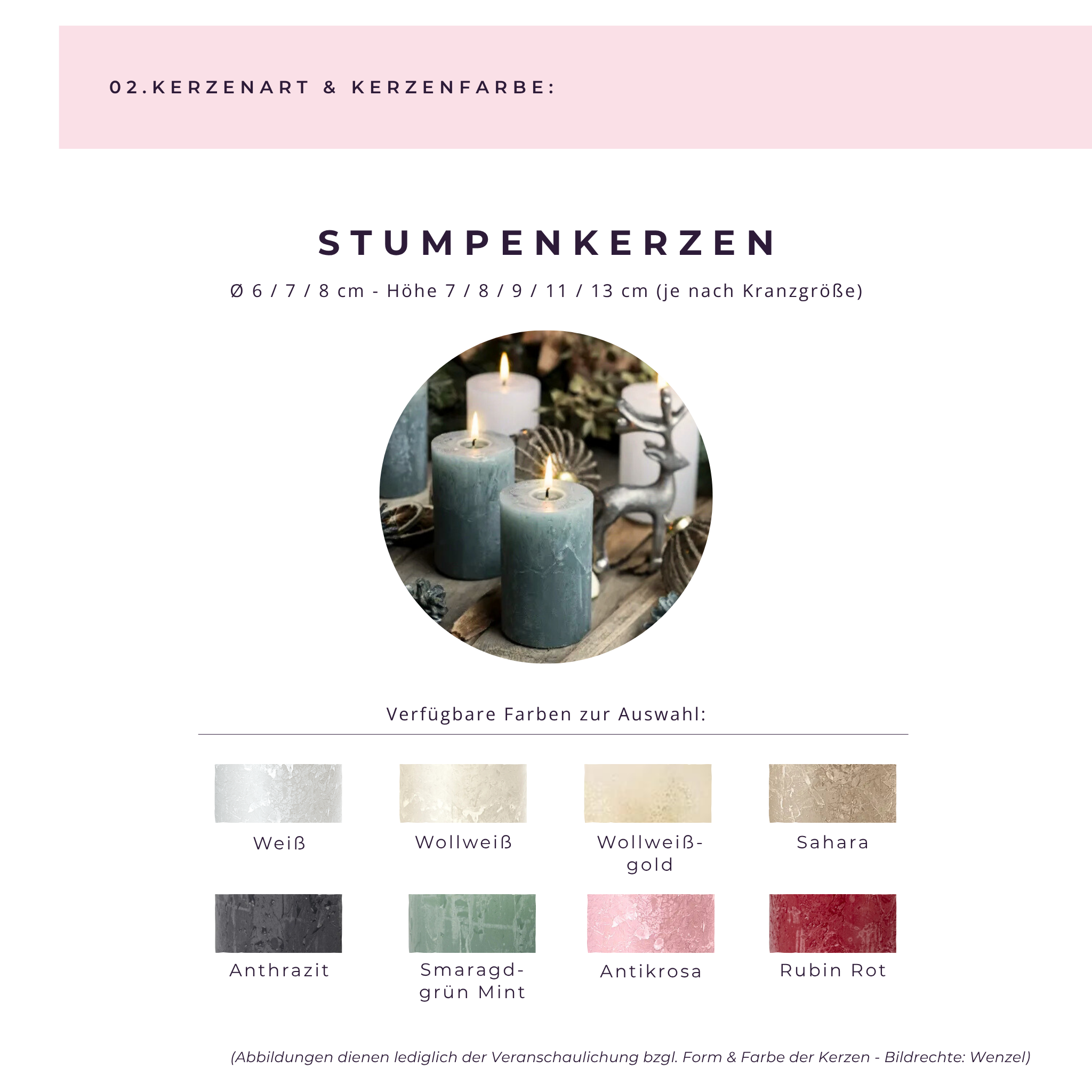 Übersicht der wählbaren Stumpenkerzen für den Adventskranz – verschiedene Farben zur individuellen Gestaltung.