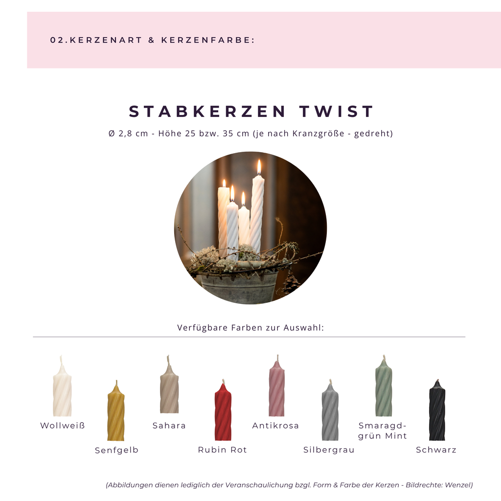 Übersicht der wählbaren Stabkerzen für den Adventskranz – verschiedene Farben zur individuellen Gestaltung.