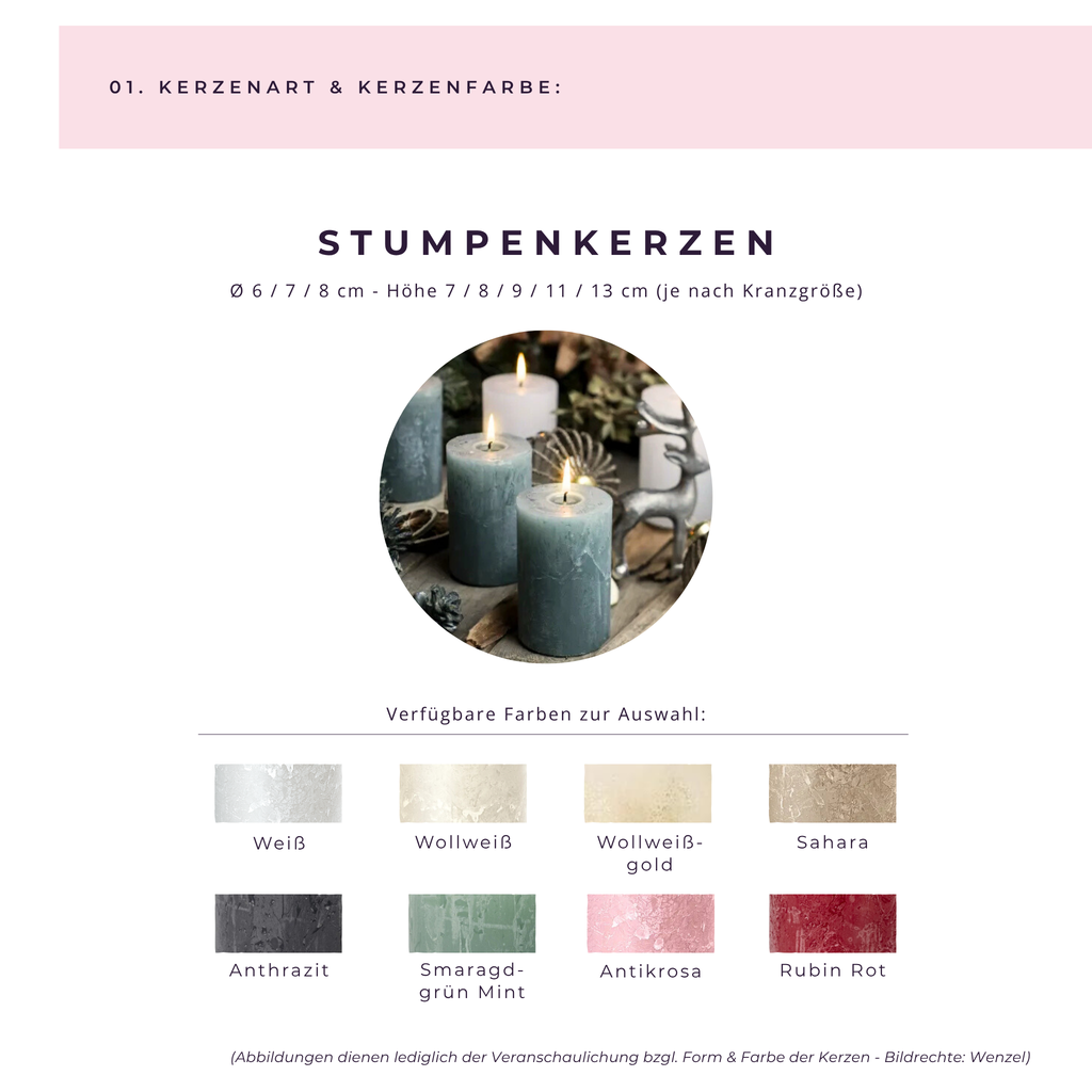 Übersicht der wählbaren Stumpenkerzen für den 6-Wochen-Adventskranz »Lumière Aramée« – verschiedene Farben zur individuellen Gestaltung.