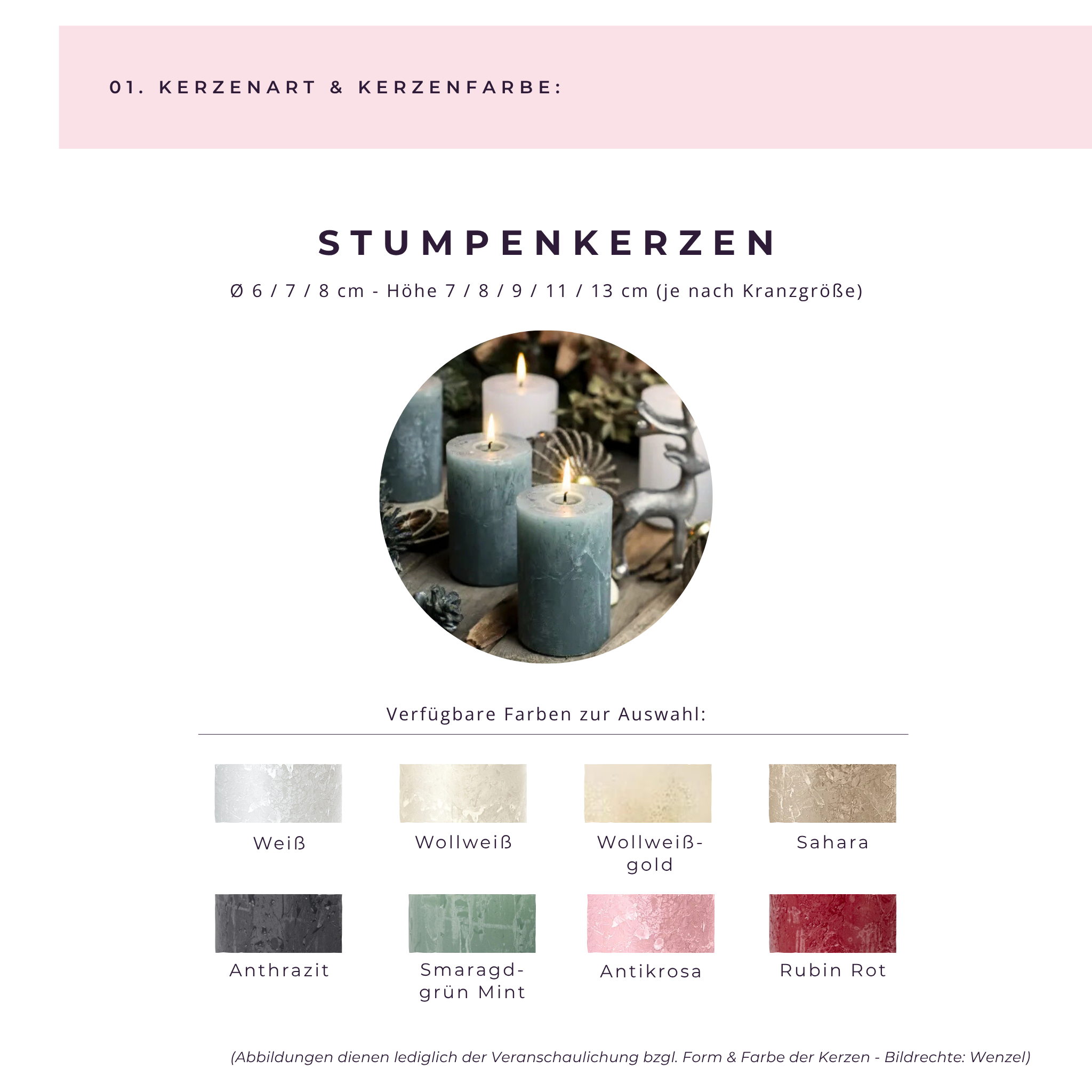 Übersicht der wählbaren Stumpenkerzen für den 6-Wochen-Adventskranz »Lumière Aramée« – verschiedene Farben zur individuellen Gestaltung.