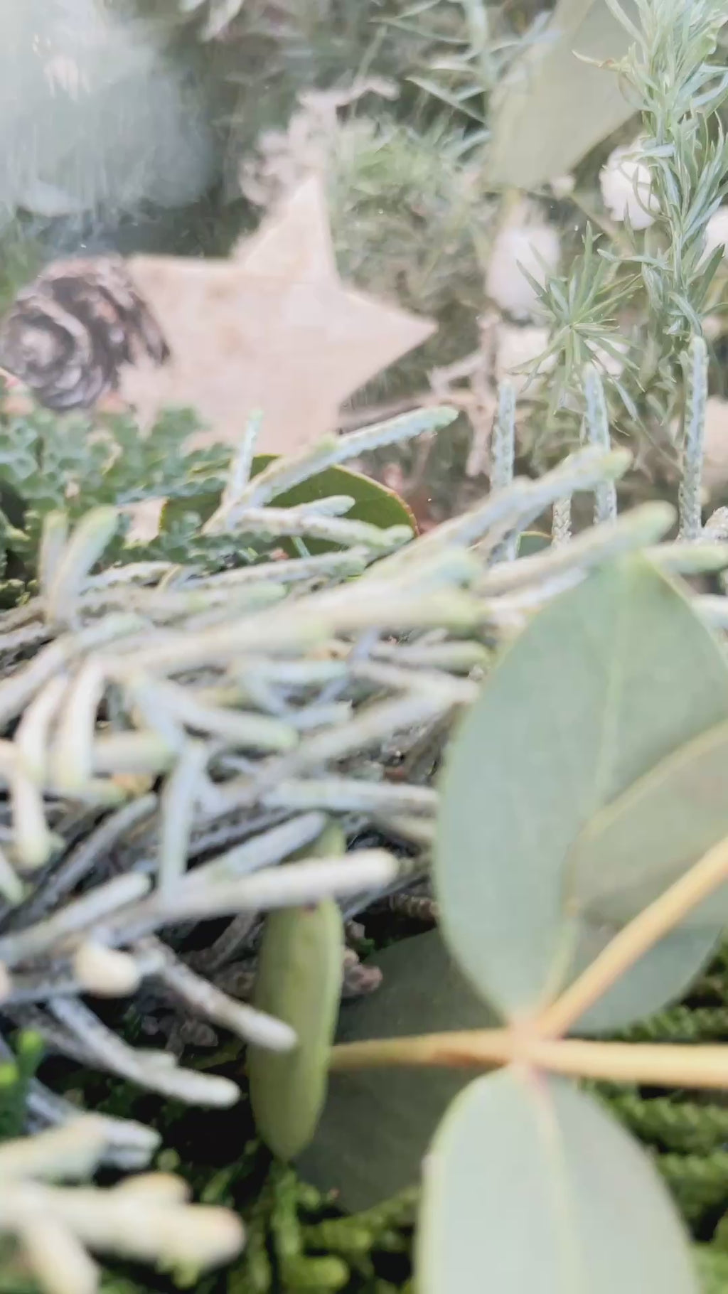 Video des Winterkranzes Greenery Light – Tischkranz mit Eukalyptus, Koniferengrün, Glasvase, optionaler Lichterkette und anthrazitfarbener Kugel, handgefertigt